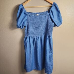 Loft Womens |L| Blue Smocked Short Puff Sleeve Jean Knee Length Dress